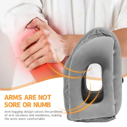 Inflatable travel pillow with face opening for neck and arm support