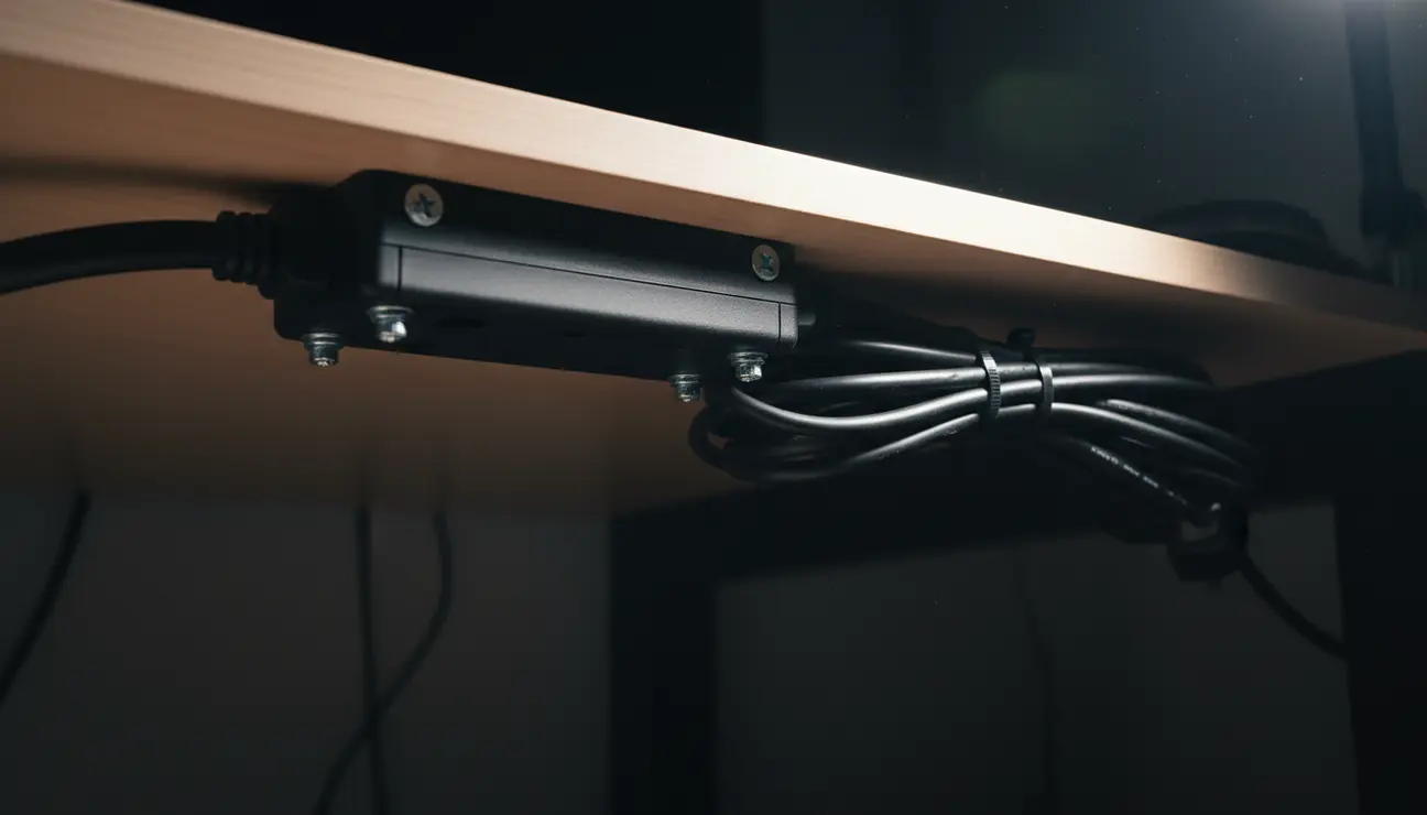 Power strip mounted securely under a desk surface.