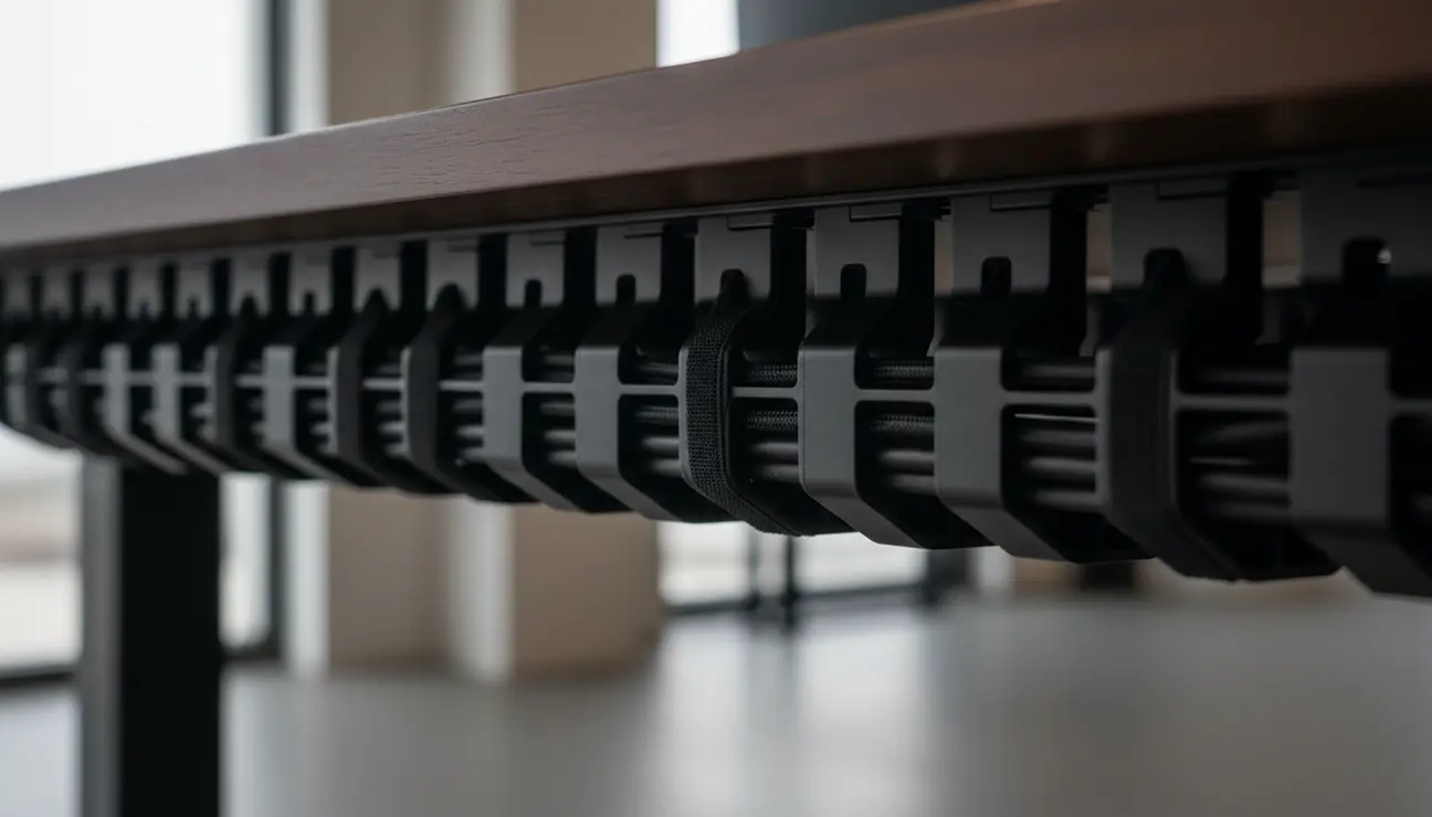Close-up of organized cable management under desk.