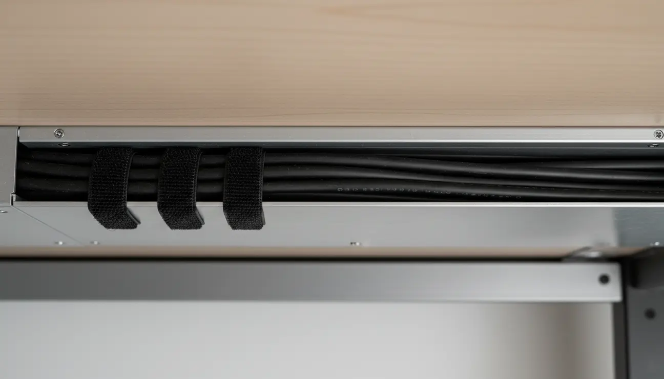 Cables routed neatly inside an under-desk J-channel raceway.
