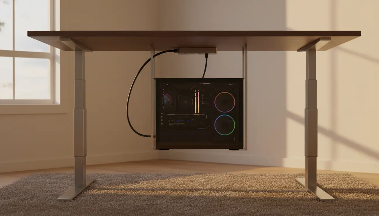 PC tower mounted securely underneath a standing desk surface.