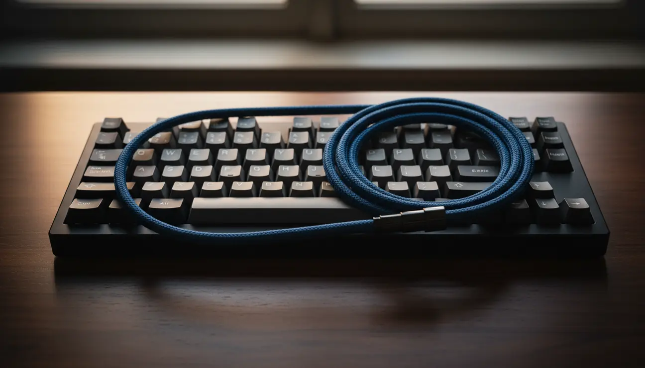 Aesthetic coiled aviator cable accenting a mechanical keyboard.