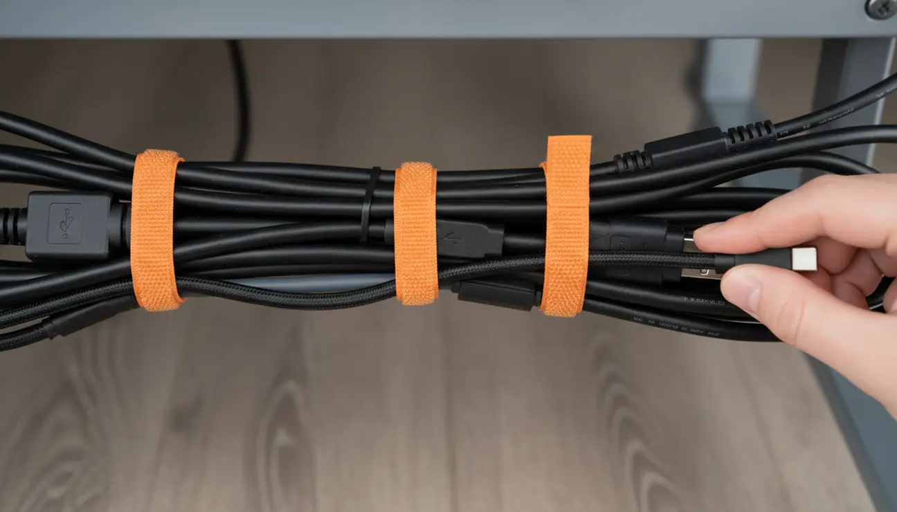 Reusable velcro straps allowing easy cable adjustment under the desk.