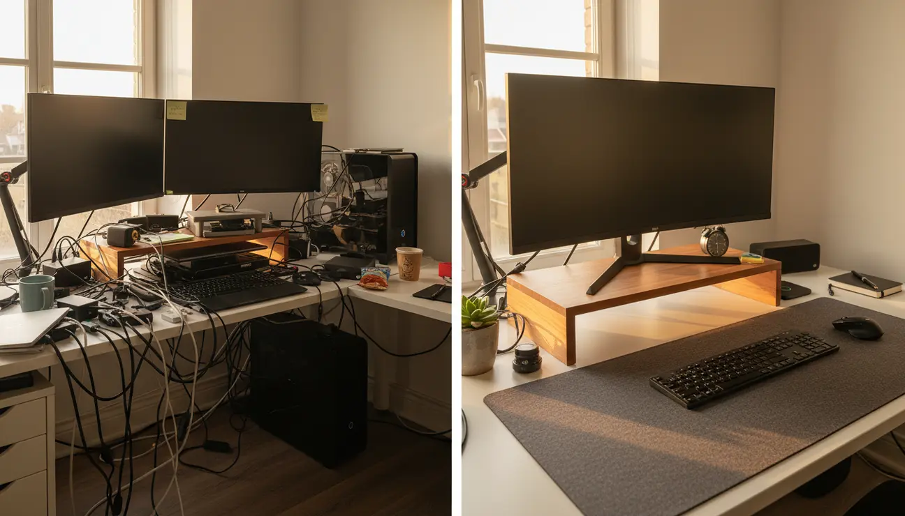 Before and after L-shaped desk layout transformation.