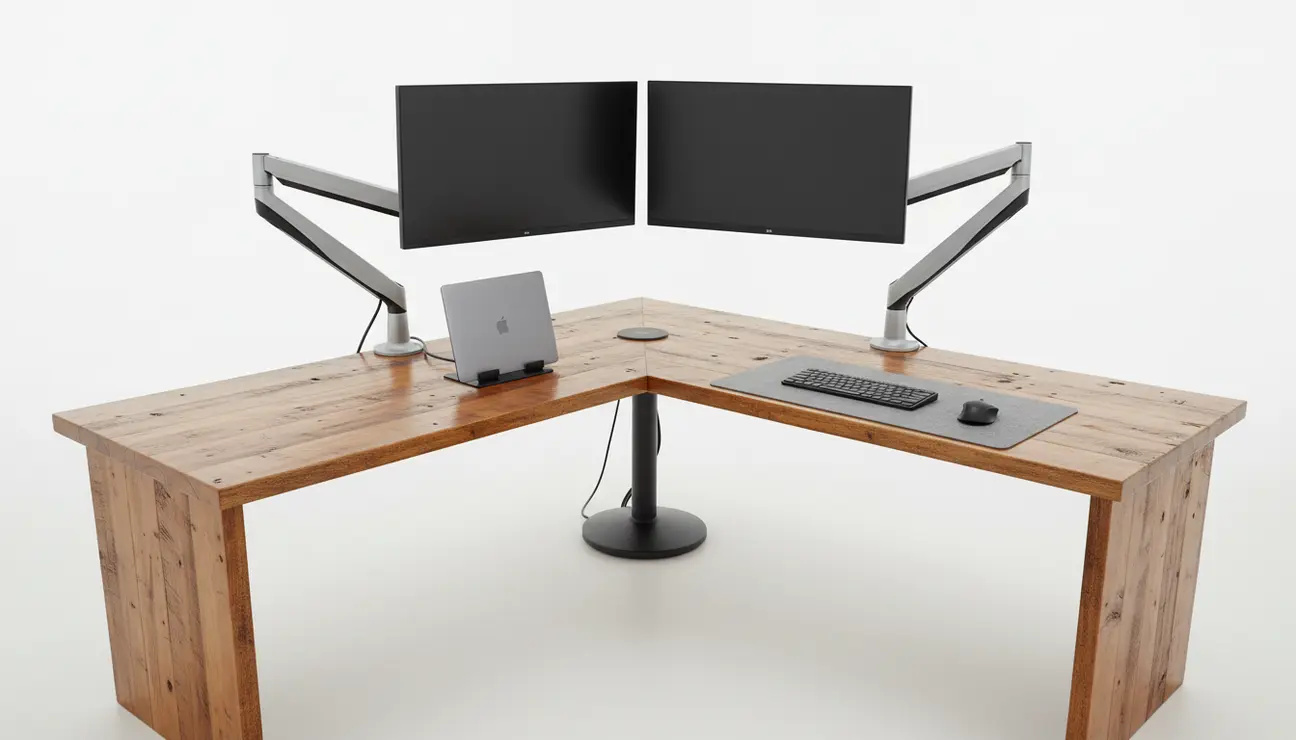 Vertical stack L-shaped desk layout with monitors.