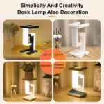 Levitating LED desk lamp with wireless charging and USB ports