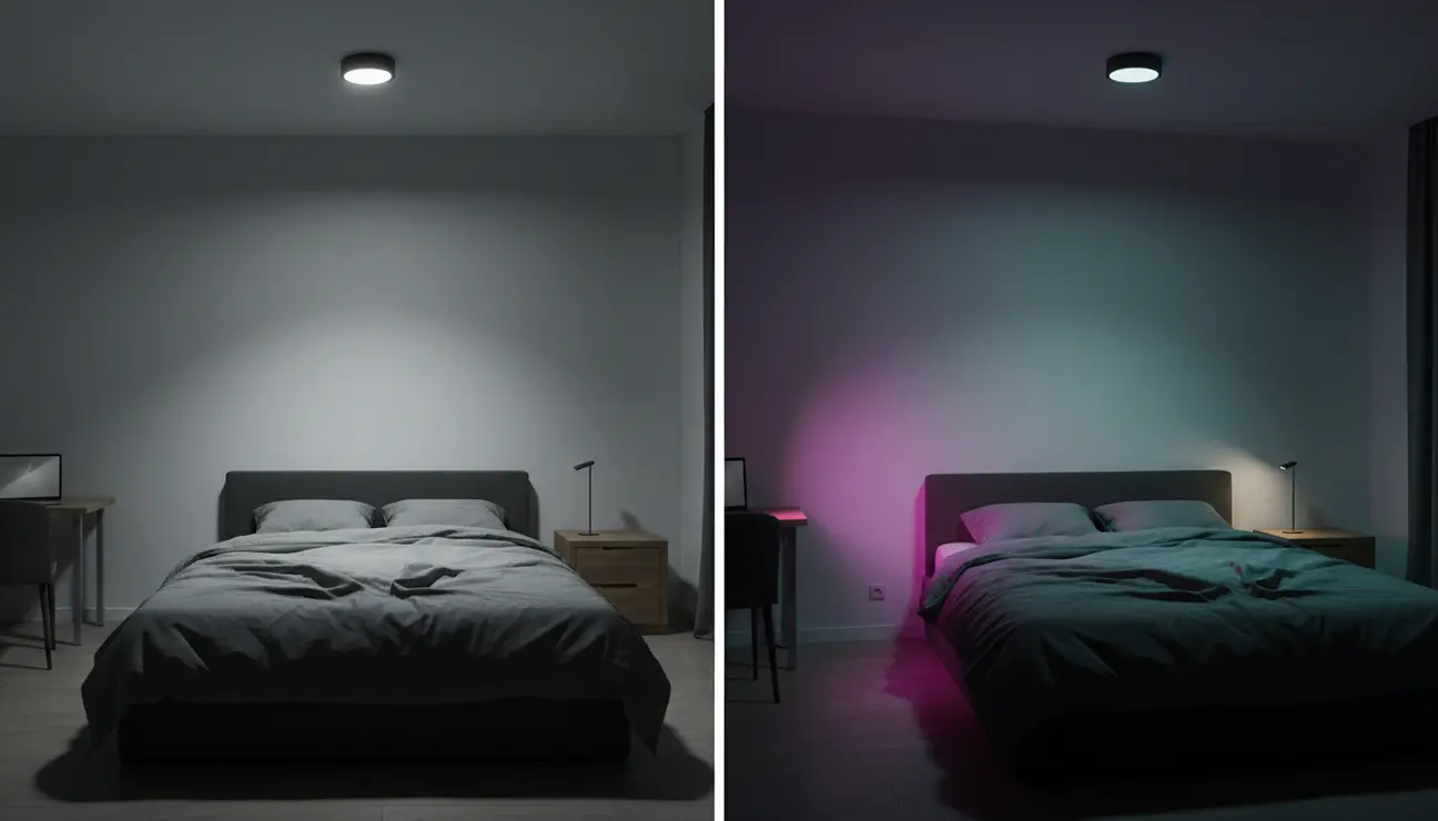 Comparison of harsh overhead lighting vs smart lighting color psychology.