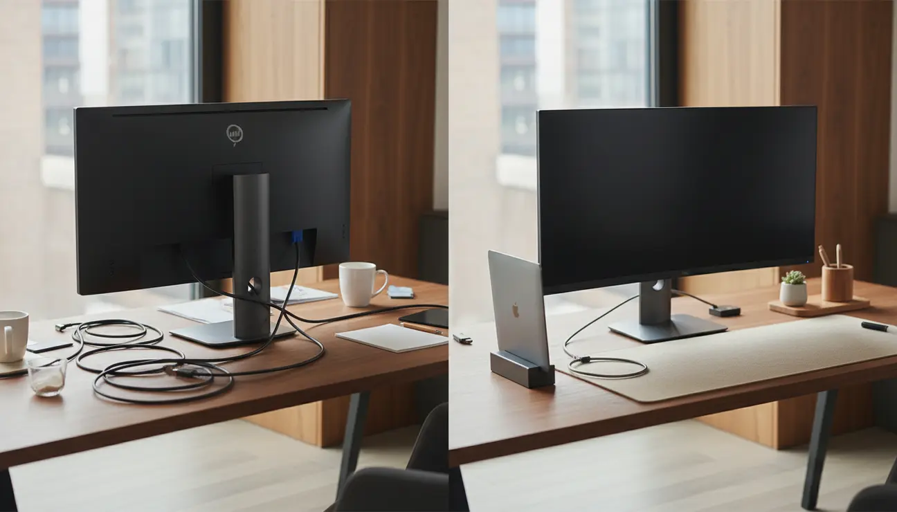 Before and after MacBook clamshell mode setup.