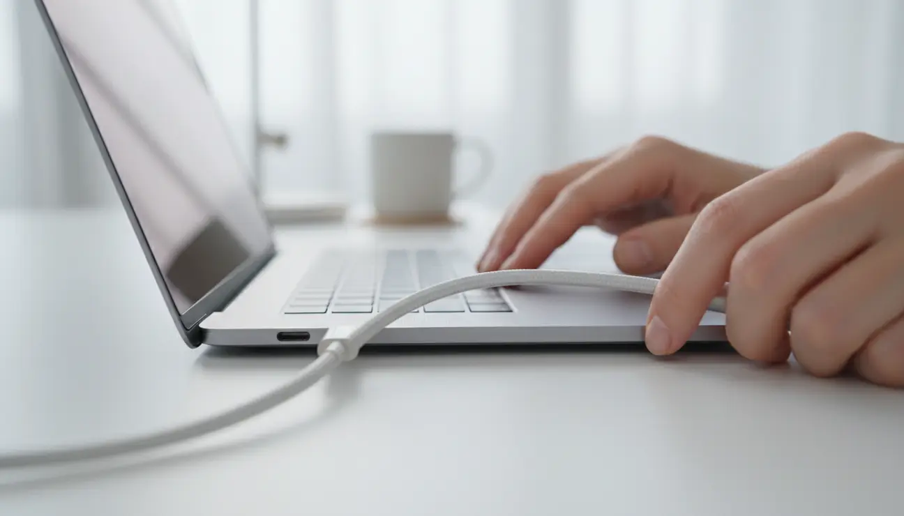 Connecting USB-C cable to MacBook for clamshell.