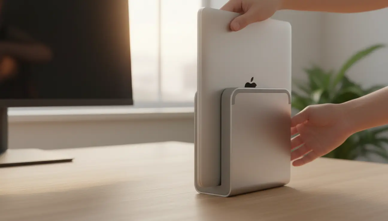 Placing MacBook into a Zentic vertical laptop stand.