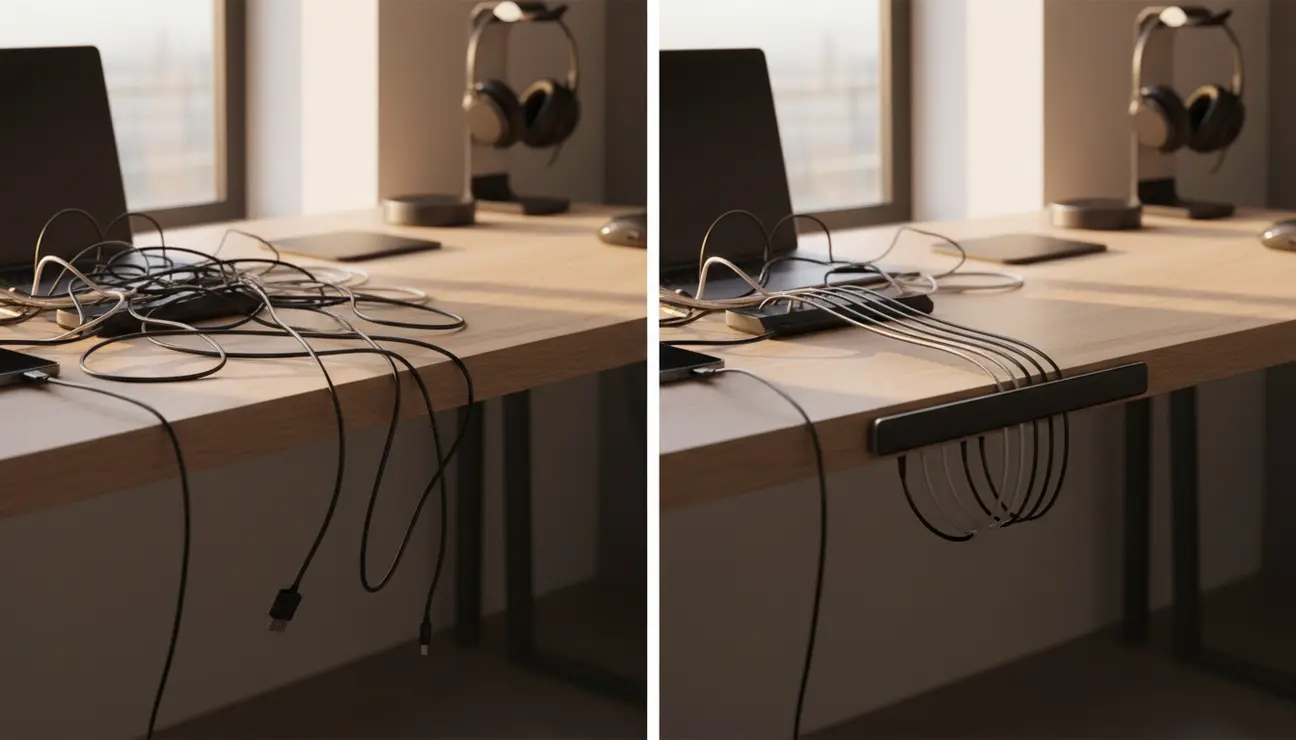 Before and after magnetic cable management organizer comparison.