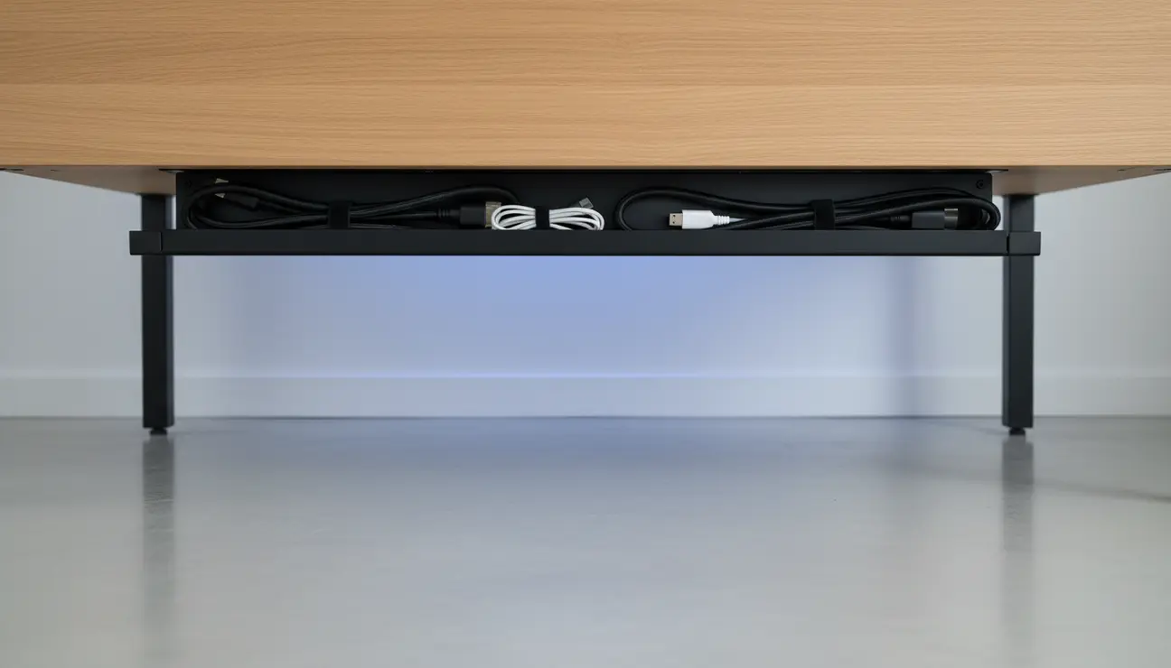 Under-desk magnetic cable management organizer hiding wires.