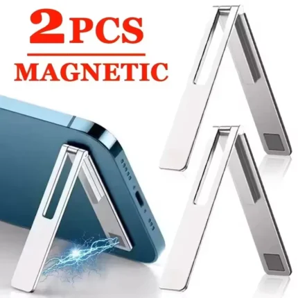 Slim magnetic foldable phone kickstand attached to smartphone