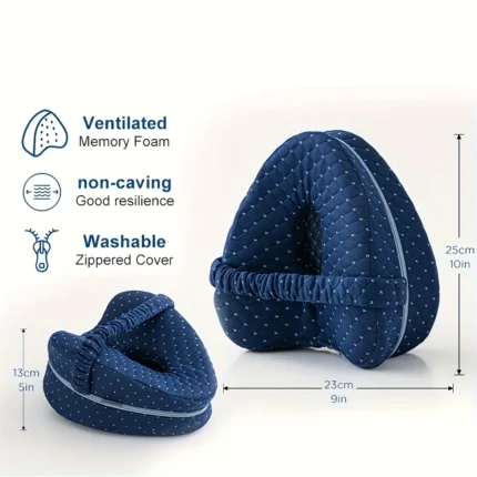 Contoured memory foam knee pillow for side sleepers and pain relief.