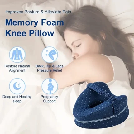 Contoured memory foam knee pillow for side sleepers and pain relief.