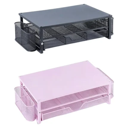 Multi-tier mesh desk organizer and monitor stand with drawers