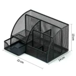 Black metal mesh desk organizer with smartphone holder and storage drawer.