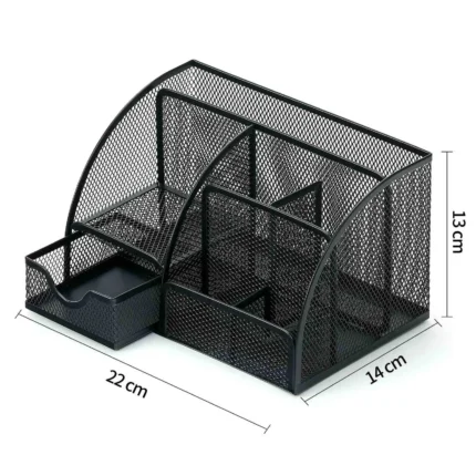 Black metal mesh desk organizer with smartphone holder and storage drawer.