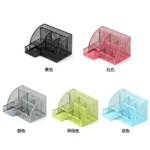 Black metal mesh desk organizer with smartphone holder and storage drawer.
