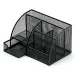 Black metal mesh desk organizer with smartphone holder and storage drawer.