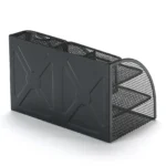 Black metal mesh desk organizer with smartphone holder and storage drawer.