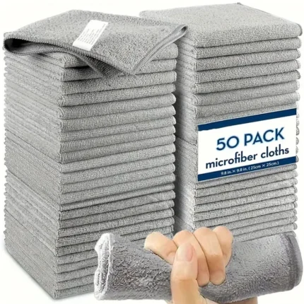 Grey microfiber cleaning cloths 50-pack, ultra-soft for car detailing and home