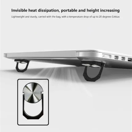 Mini adhesive laptop stand, ergonomic tilt, heat dissipation, portable