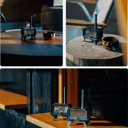 Miniature ambiance stove burning incense on a rustic table.