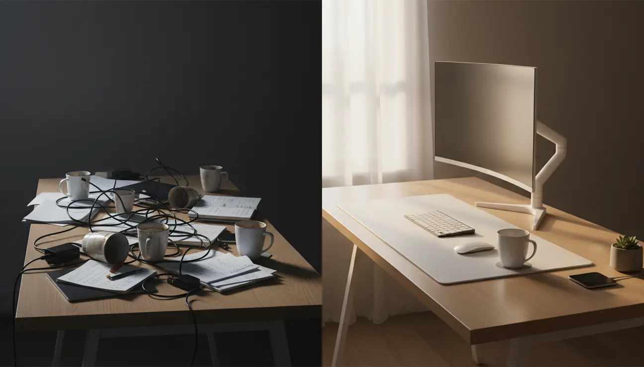 Split screen comparing messy and minimalist desk setup.