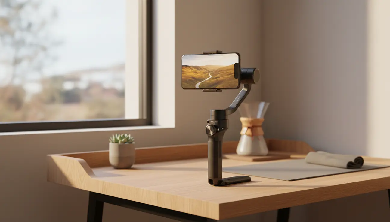 Cinematic mobile filmmaking setup with smartphone and gimbal.