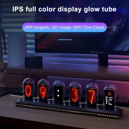 Modern IPS Nixie tube clock displaying time and weather