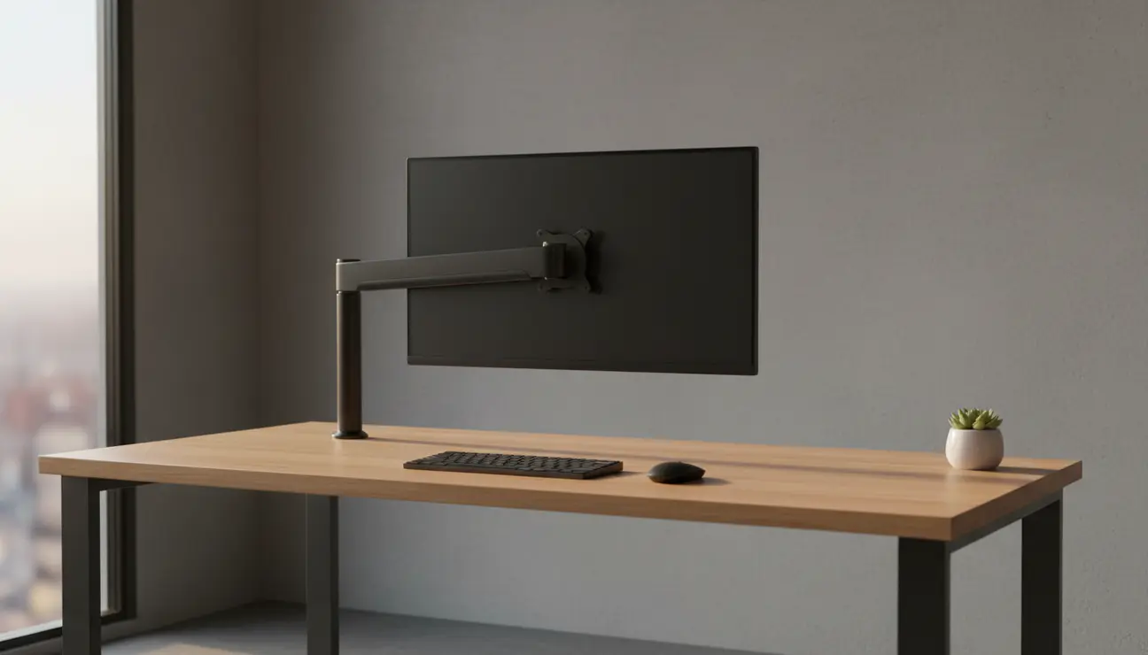Minimalist monitor arm setup on a clean desk.