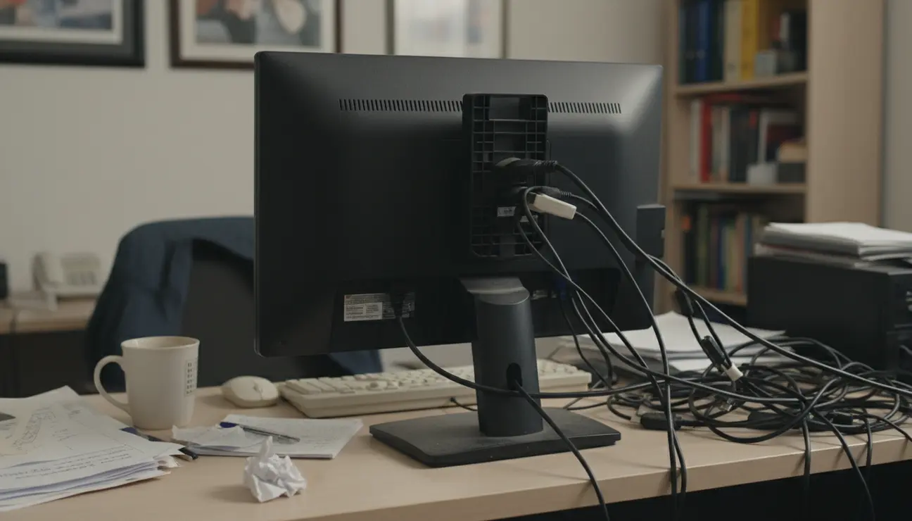 Cluttered desk with tangled cables before a monitor arm.