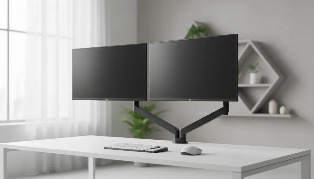 Clean dual monitor arm setup for maximum productivity.