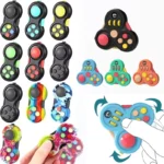 Multi-function fidget toys with buttons, joysticks, and spinner mechanisms