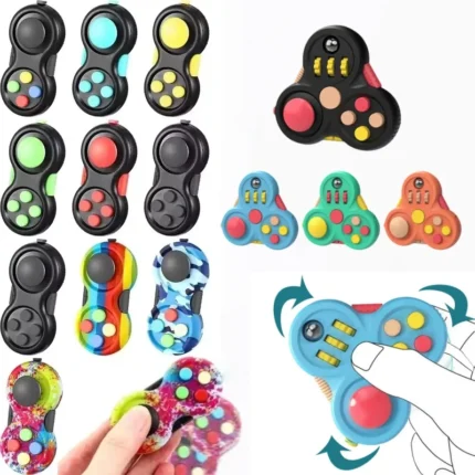 Multi-function fidget toys with buttons, joysticks, and spinner mechanisms