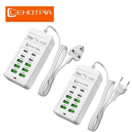 Multi-port USB charging station with fast charge USB-A and USB-C.