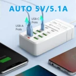 Multi-port USB charging station with fast charge USB-A and USB-C.