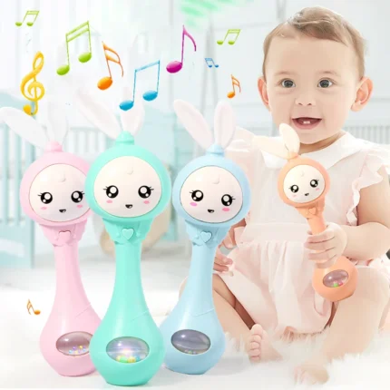 Musical bunny baby rattle teether with lights and chewable ears