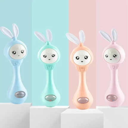 Musical bunny baby rattle teether with lights and chewable ears