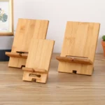 Natural bamboo phone stand with cable management for desk