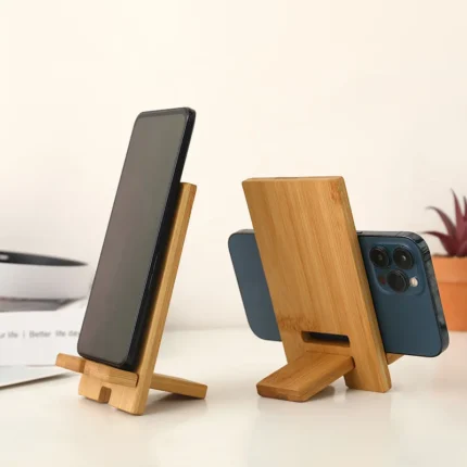 Natural bamboo phone stand with cable management for desk
