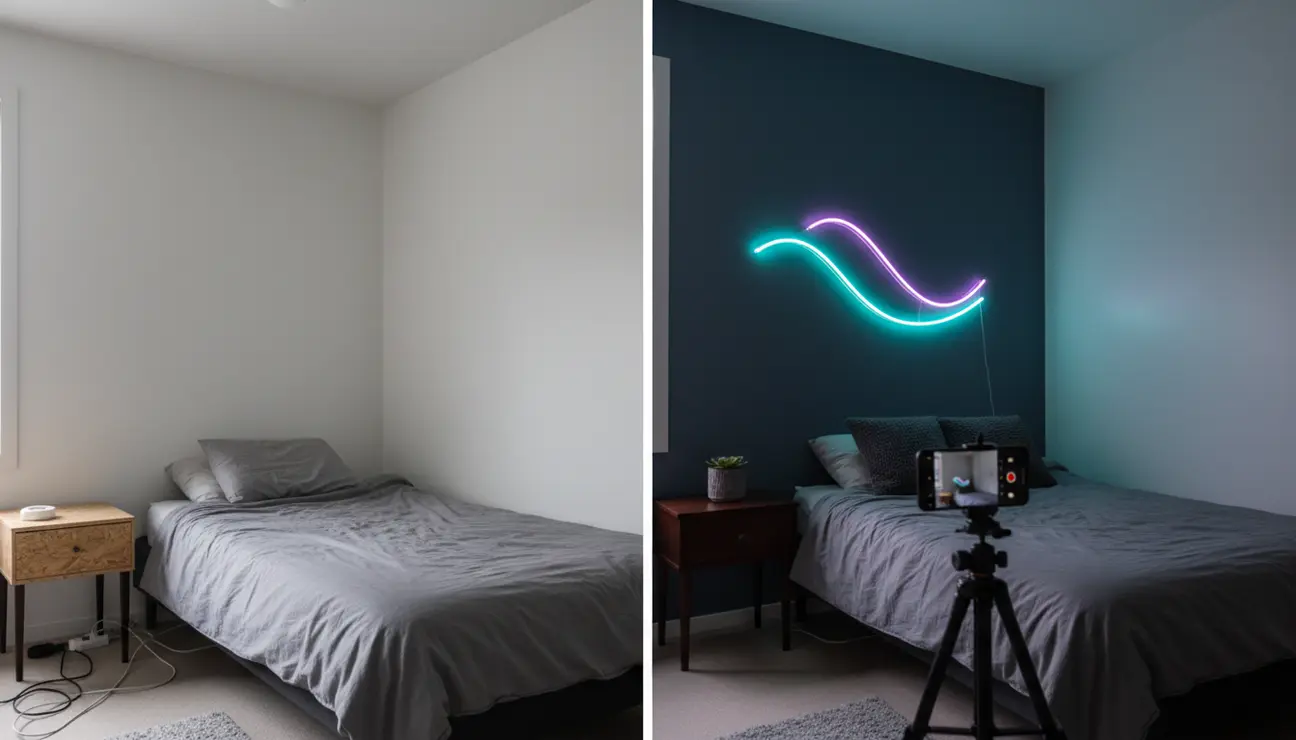 Split screen showing bedroom transformation with neon sign decor.