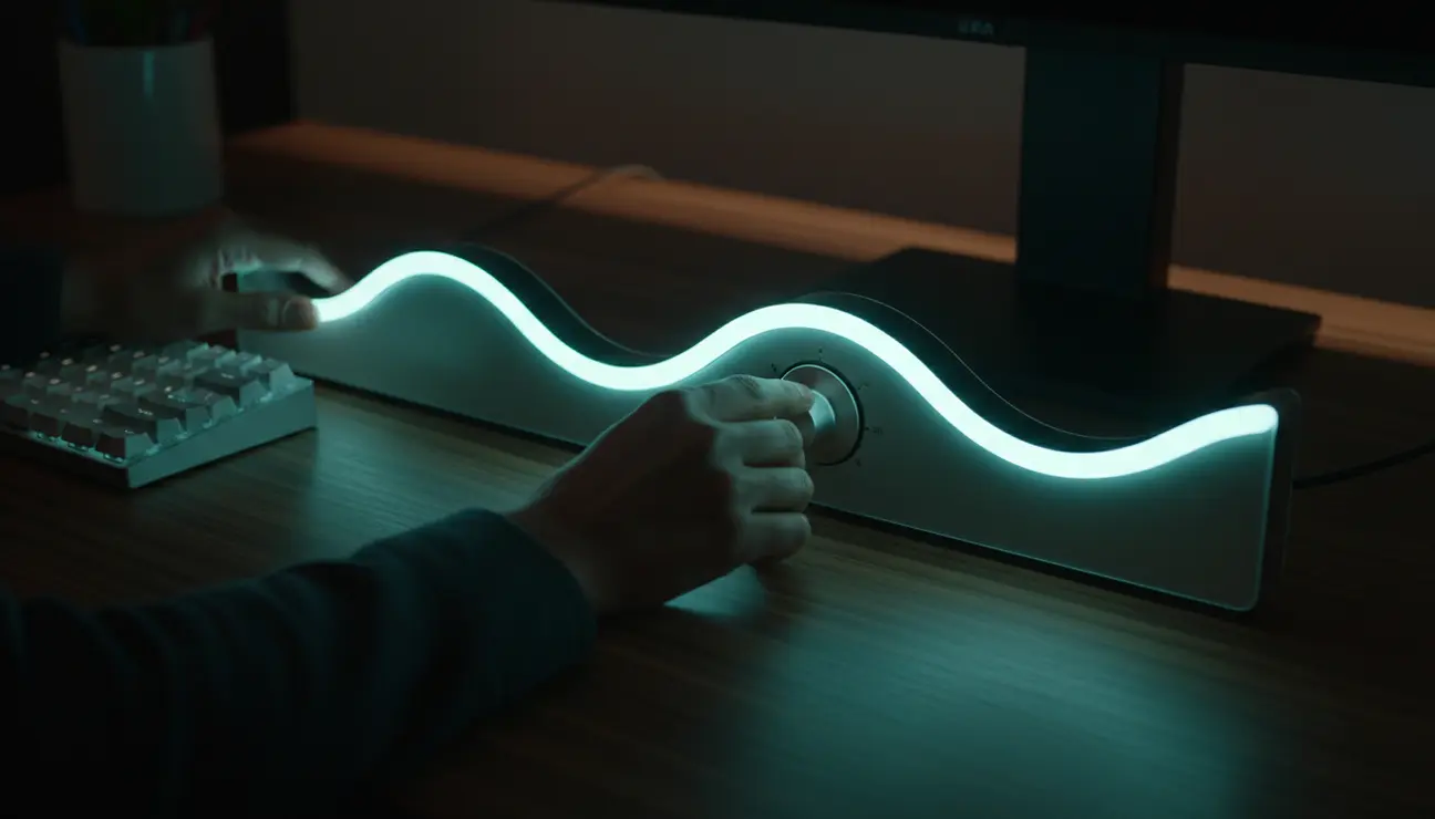 Close-up of hands adjusting dimmable neon sign decor.