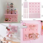 Pink pegboard wall organizer with shelves for cute collectibles.