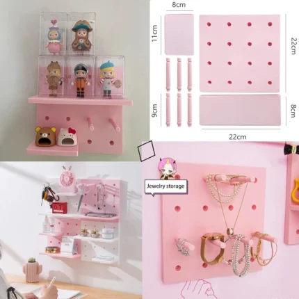 Pink pegboard wall organizer with shelves for cute collectibles.