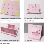 Pink pegboard wall organizer with shelves for cute collectibles.