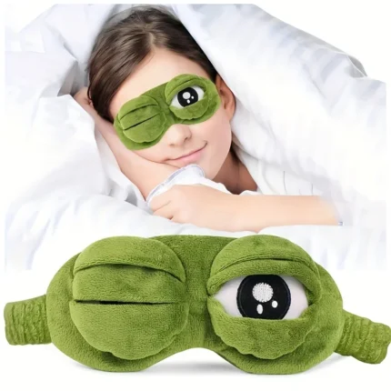 Plush green frog eye mask with movable eyelids