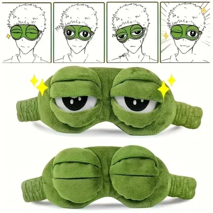 Plush green frog eye mask with movable eyelids