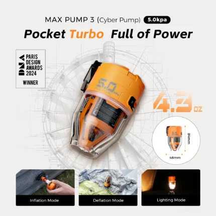 Portable air pump, camping lantern, inflator, deflator, compact.